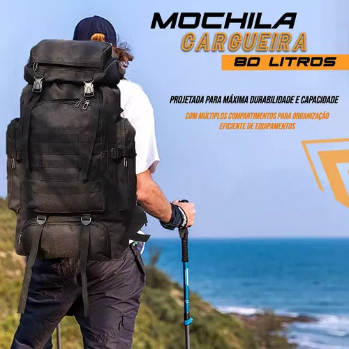 Mochila Tática Militar Impermeável 80 Litros Masculina Para Mochilão Pesca Cargueira Camping Trilha Trekking Acampamento Cor Preta Tokshop