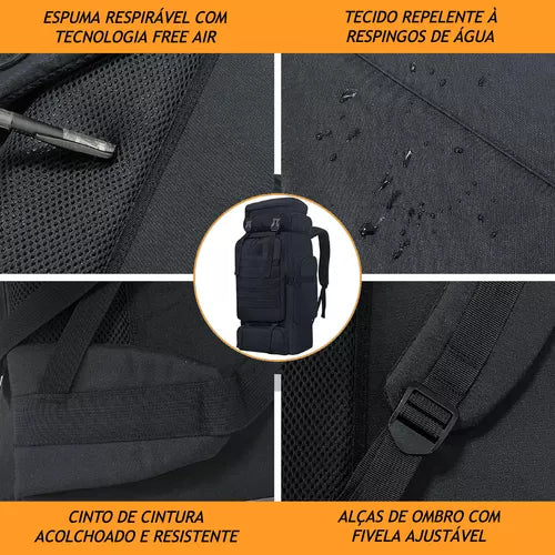 Mochila Tática Militar Impermeável 80 Litros Masculina Para Mochilão Pesca Cargueira Camping Trilha Trekking Acampamento Cor Preta Tokshop